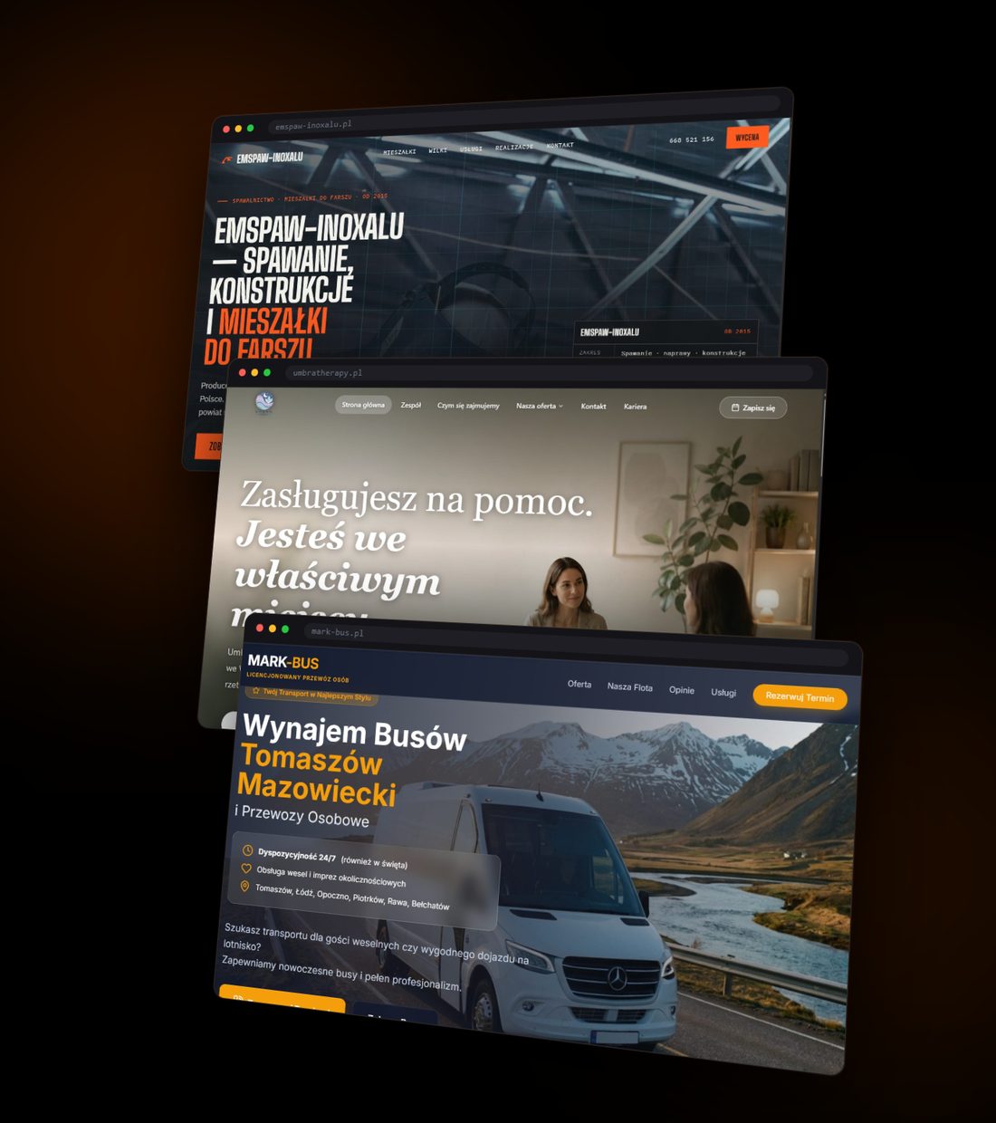 Trzy strony zrealizowane przez ZenTask: EMSPAW-INOXALU, Umbra Therapy i Mark-Bus